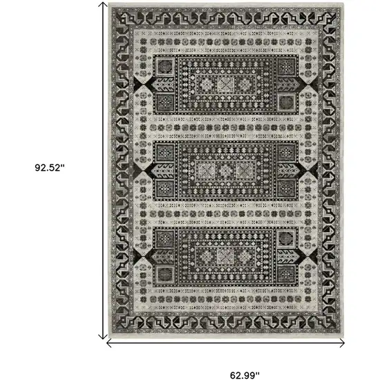 Ivory And Charcoal Oriental Area Rug With Fringe Photo 3
