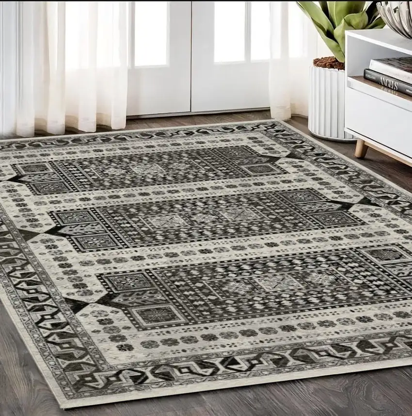 Ivory And Charcoal Oriental Area Rug With Fringe Photo 1