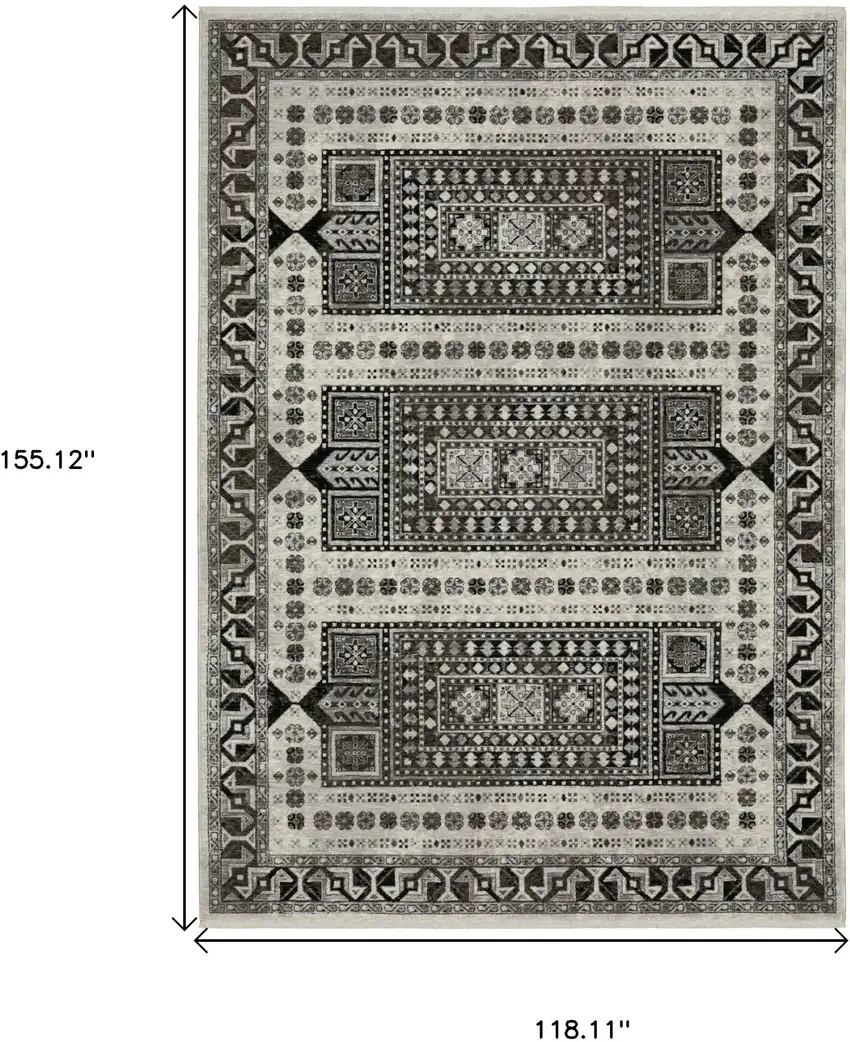 Ivory And Charcoal Oriental Area Rug With Fringe Photo 3