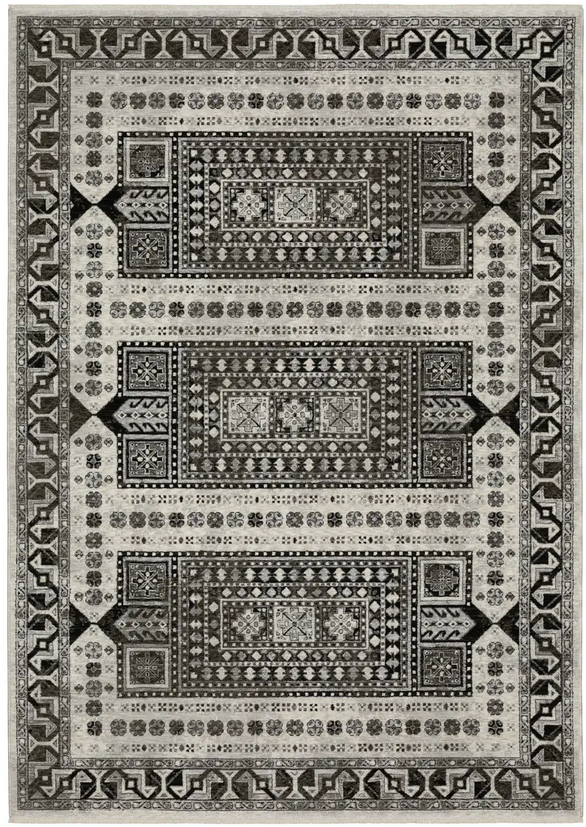 Ivory And Charcoal Oriental Area Rug With Fringe Photo 2