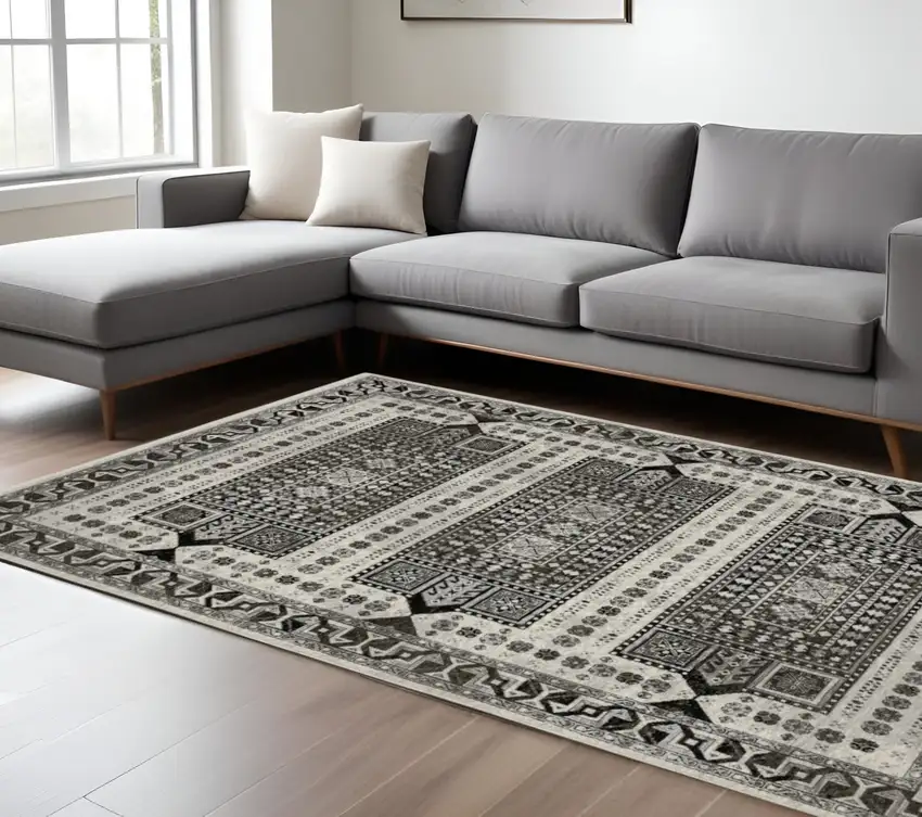 Ivory And Charcoal Oriental Area Rug With Fringe Photo 1