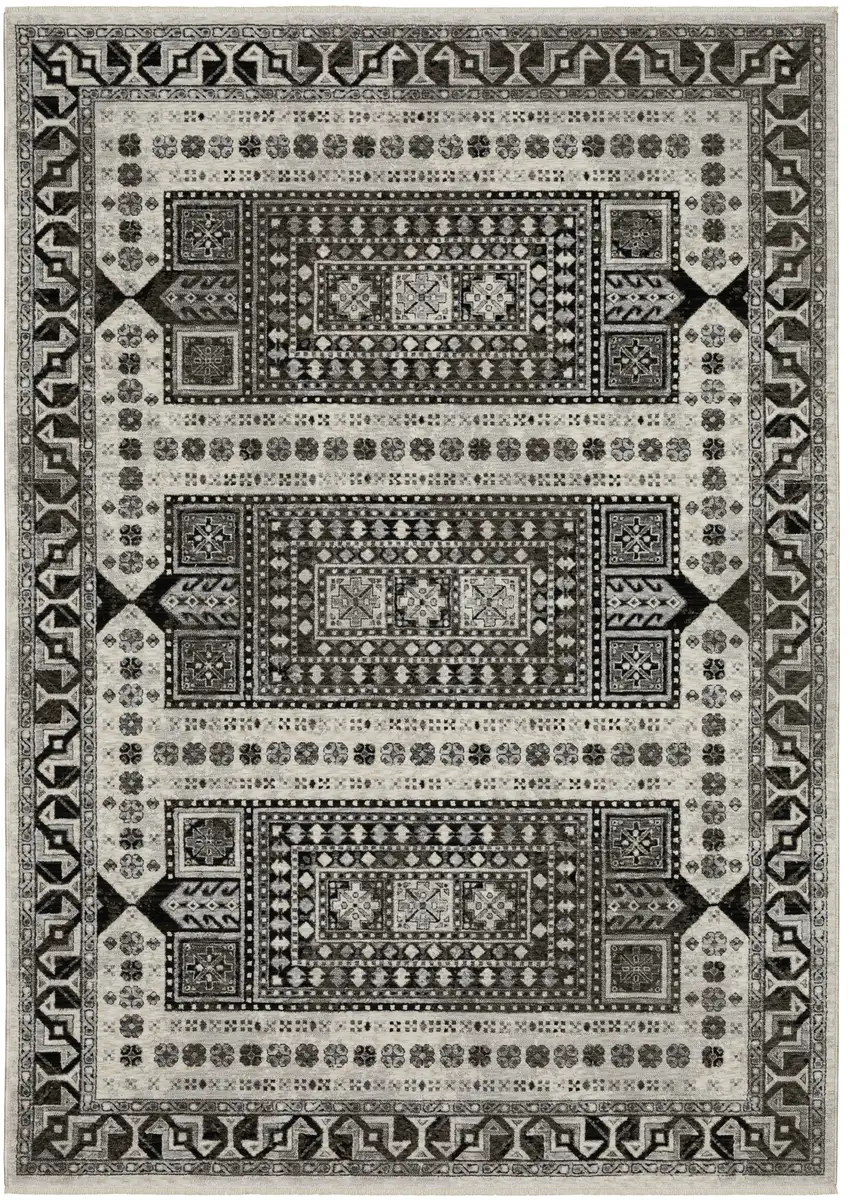 Ivory And Charcoal Oriental Area Rug With Fringe Photo 4