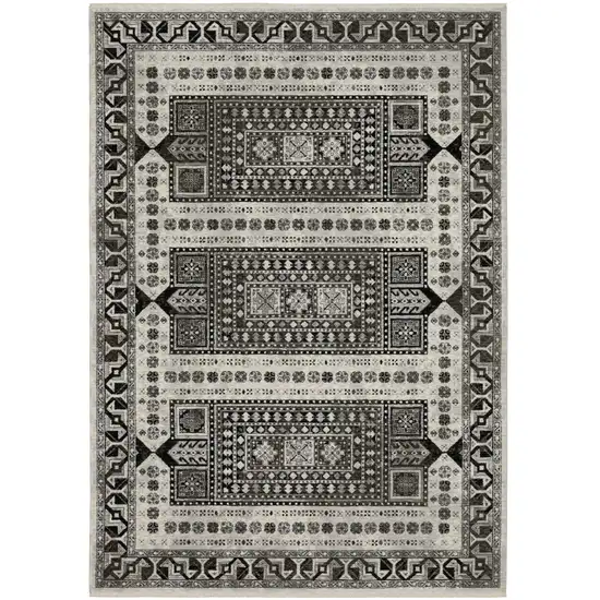 Ivory And Charcoal Oriental Area Rug With Fringe Photo 4