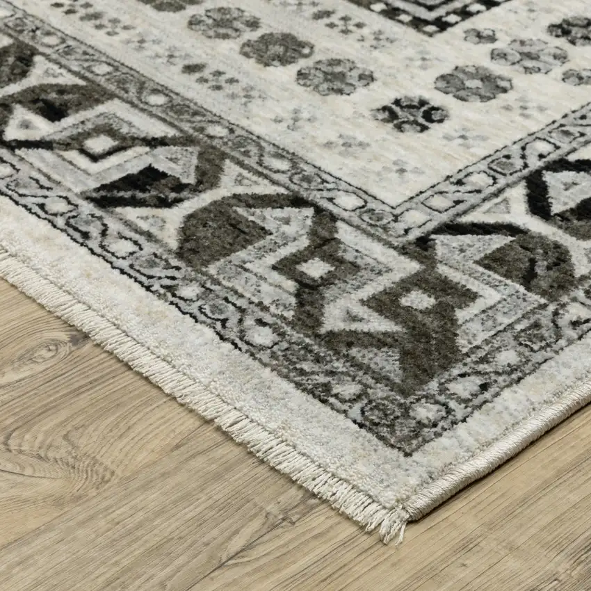 Ivory And Charcoal Oriental Area Rug With Fringe Photo 5