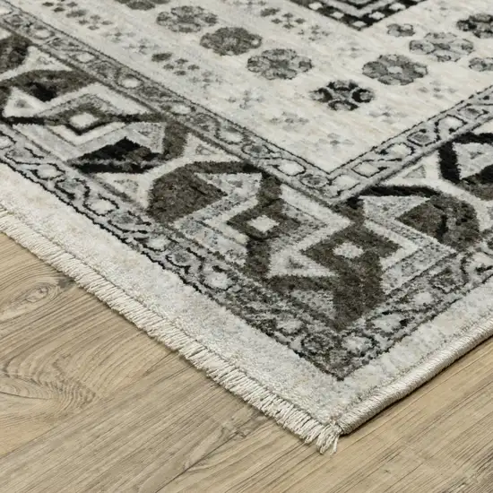Ivory And Charcoal Oriental Area Rug With Fringe Photo 5