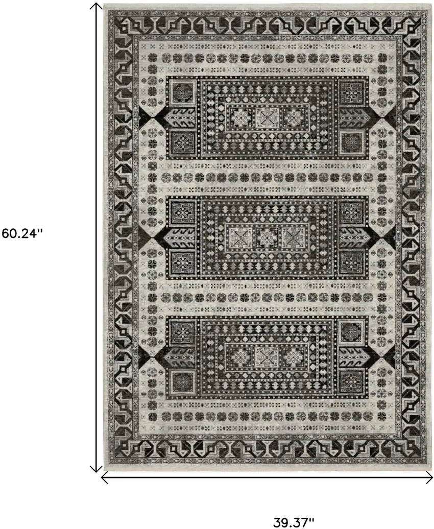 Ivory And Charcoal Oriental Area Rug With Fringe Photo 3