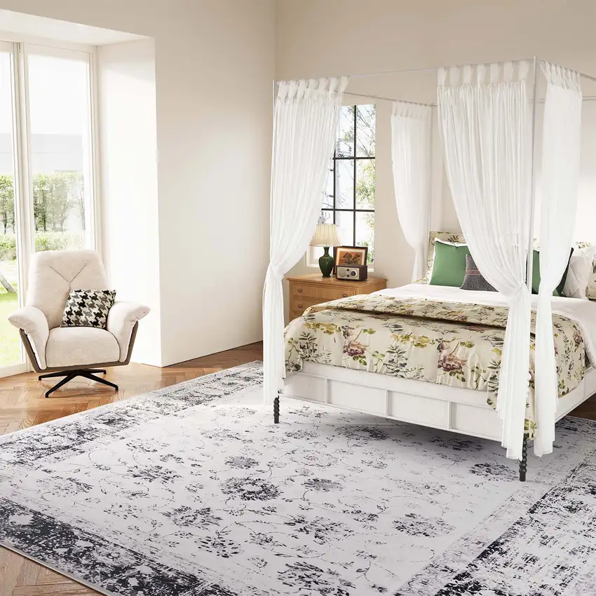 Ivory And Charcoal Oriental Distressed Washable Area Rug Photo 4