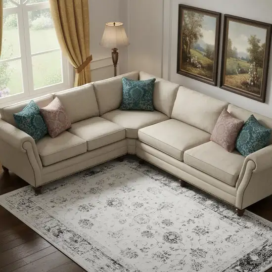 Ivory And Charcoal Oriental Distressed Washable Area Rug Photo 1