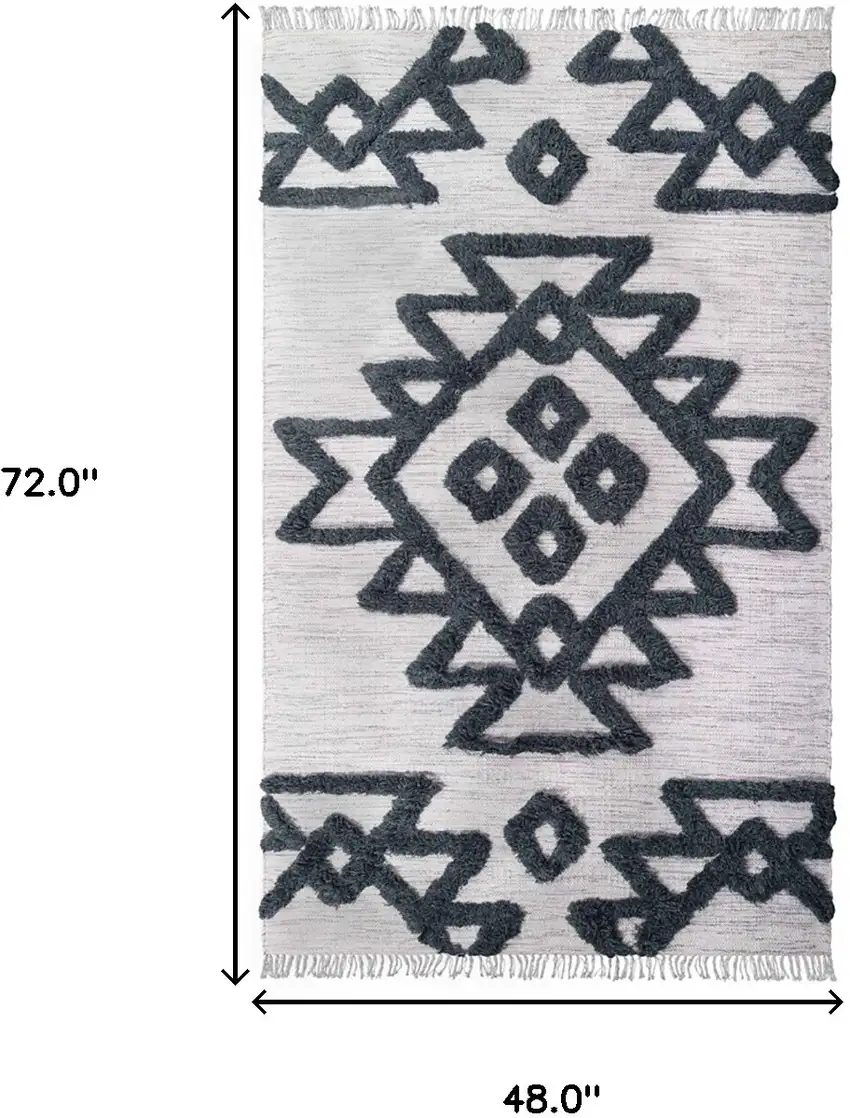 Ivory And Charcoal Wool Geometric Flatweave Handmade Stain Resistant Area Rug With Fringe Photo 9