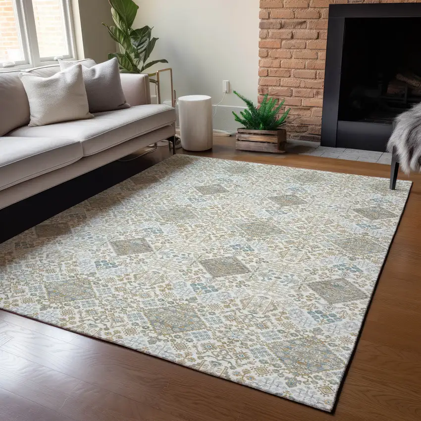 Ivory And Copper Geometric Washable Indoor Outdoor Area Rug Photo 5