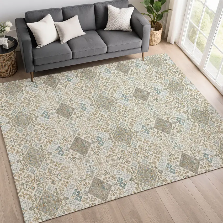 Ivory And Copper Geometric Washable Indoor Outdoor Area Rug Photo 6