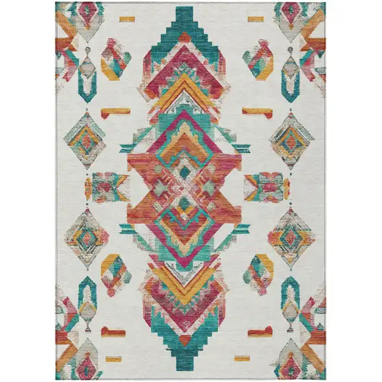 Ivory And Coral Tribal Washable Indoor Outdoor Area Rug Photo 2
