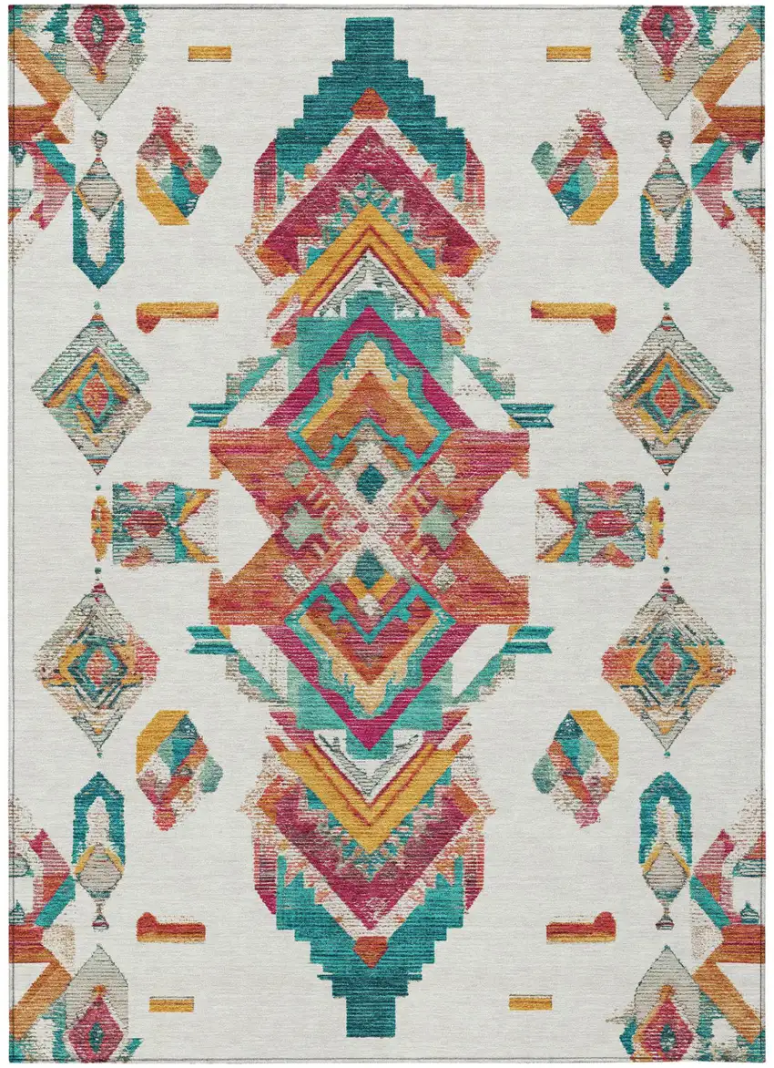 Ivory And Coral Tribal Washable Indoor Outdoor Area Rug Photo 2