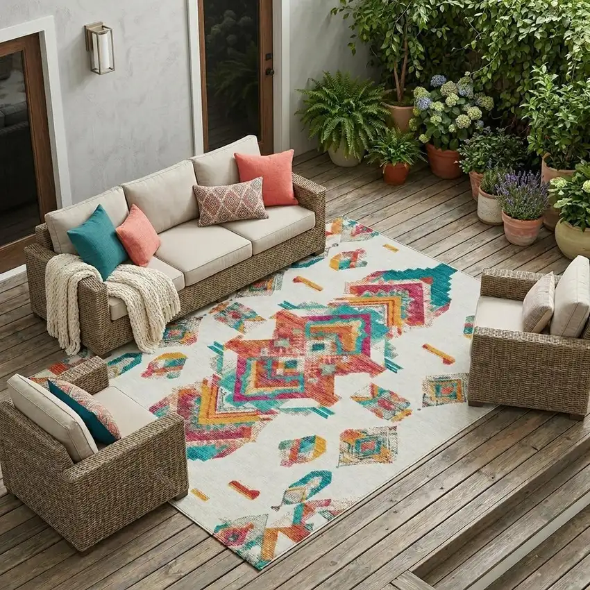 Ivory And Coral Tribal Washable Indoor Outdoor Area Rug Photo 1