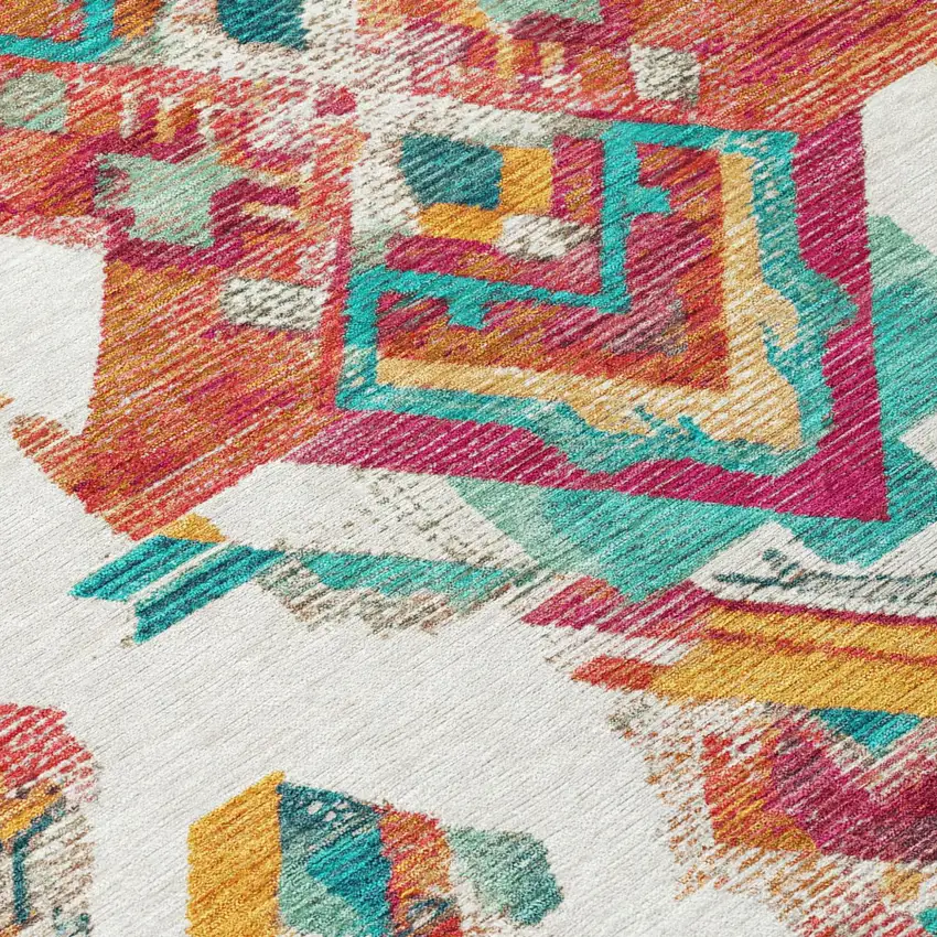 Ivory And Coral Tribal Washable Indoor Outdoor Area Rug Photo 8