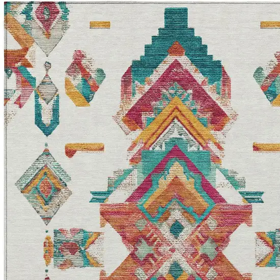 Ivory And Coral Tribal Washable Indoor Outdoor Area Rug Photo 3