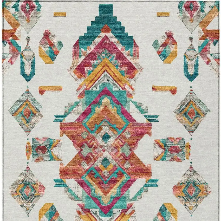 Ivory And Coral Tribal Washable Indoor Outdoor Area Rug Photo 6