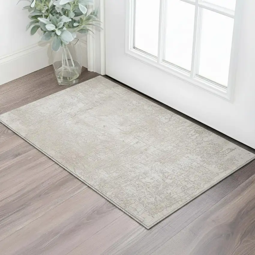Ivory And Cream Abstract Washable Area Rug With UV Protection Photo 2