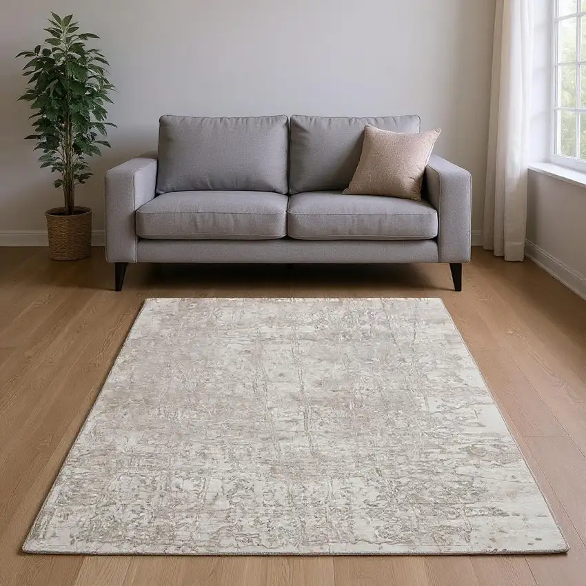 Ivory And Cream Abstract Washable Area Rug With UV Protection Photo 2