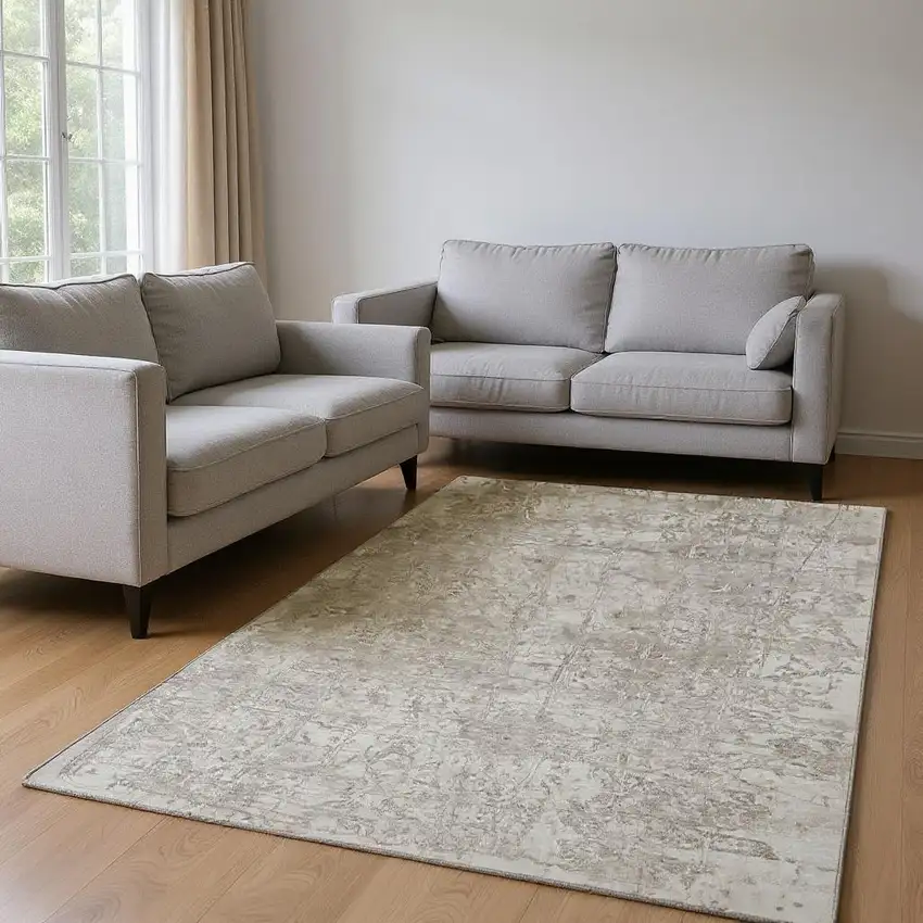 Ivory And Cream Abstract Washable Area Rug With UV Protection Photo 2