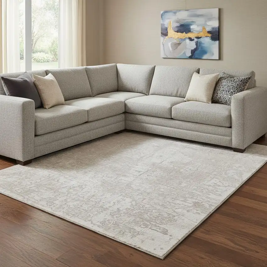 Ivory And Cream Abstract Washable Area Rug With UV Protection Photo 1