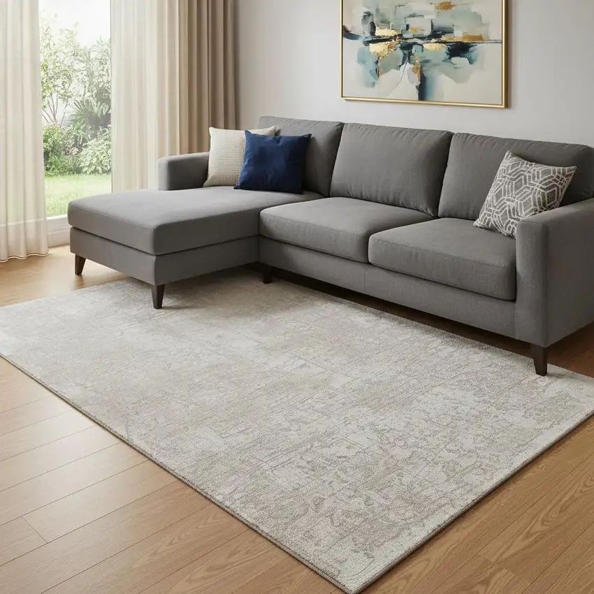 Ivory And Cream Abstract Washable Area Rug With UV Protection Photo 1