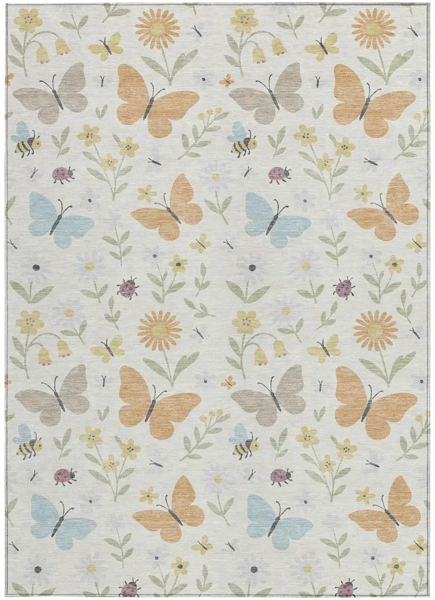 Ivory And Cream Abstract Washable Indoor Outdoor Area Rug Photo 3