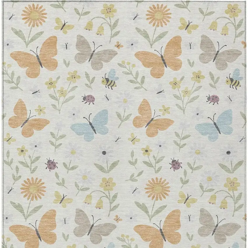 Ivory And Cream Abstract Washable Indoor Outdoor Area Rug Photo 1