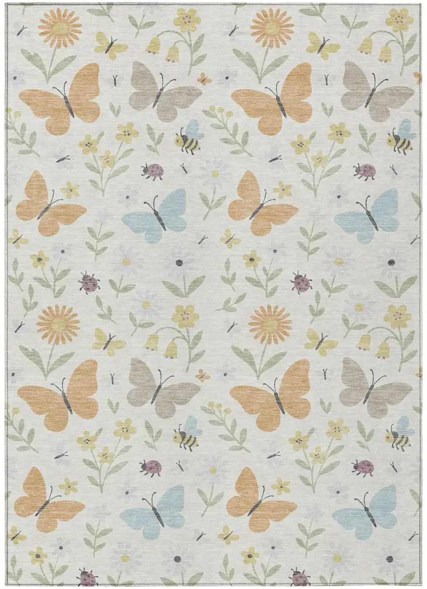 Ivory And Cream Abstract Washable Indoor Outdoor Area Rug Photo 2