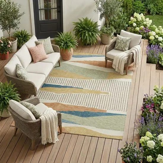 Ivory And Cream Abstract Washable Indoor Outdoor Area Rug Photo 1