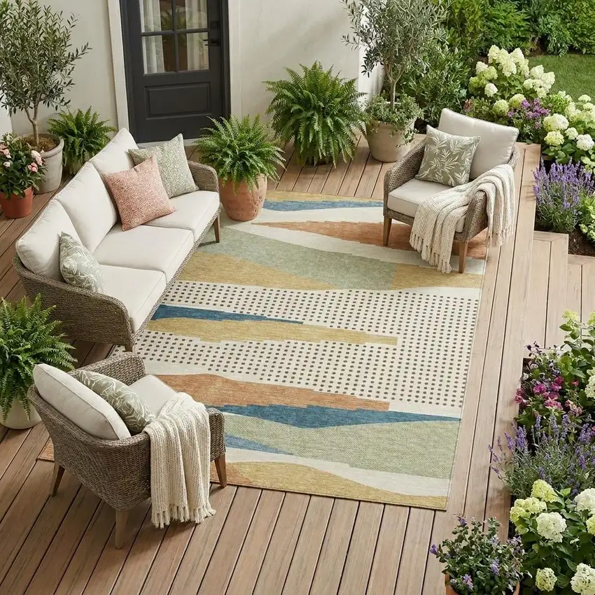 Ivory And Cream Abstract Washable Indoor Outdoor Area Rug Photo 1