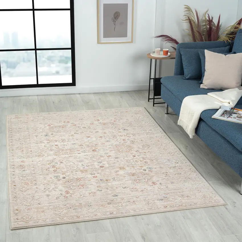 Ivory And Cream Floral Square Rug Photo 6