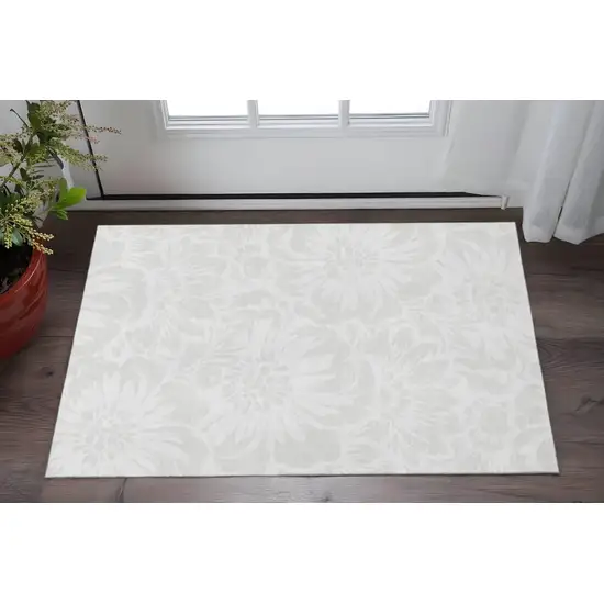 Ivory And Cream Floral Washable Area Rug With UV Protection Photo 2