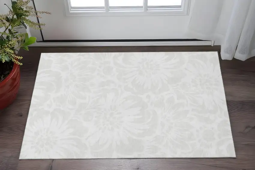 Ivory And Cream Floral Washable Area Rug With UV Protection Photo 2