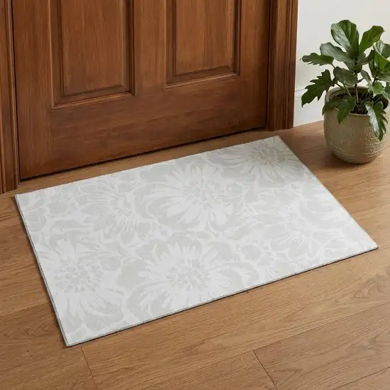 Ivory And Cream Floral Washable Area Rug With UV Protection Photo 1