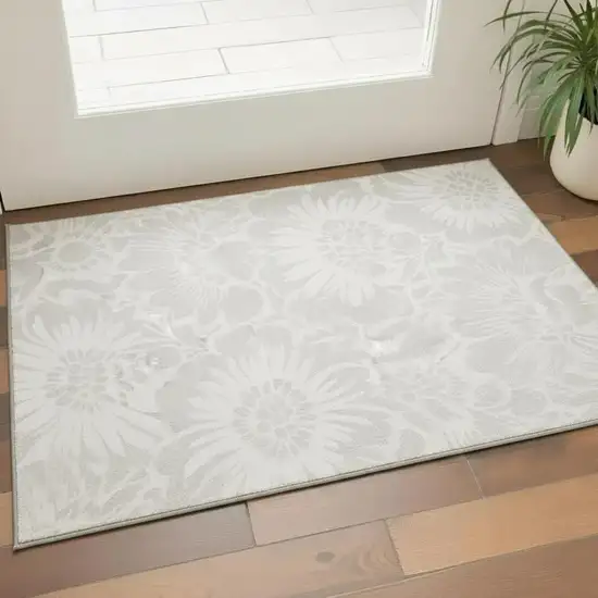 Ivory And Cream Floral Washable Area Rug With UV Protection Photo 1