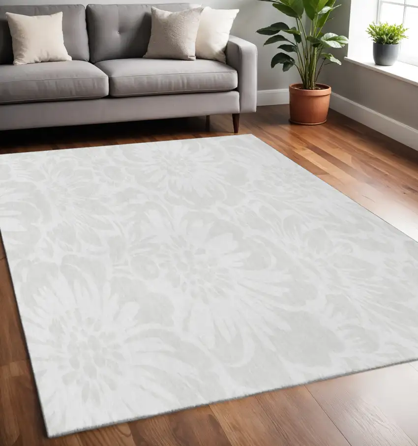 Ivory And Cream Floral Washable Area Rug With UV Protection Photo 2