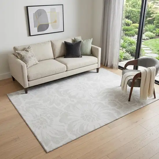 Ivory And Cream Floral Washable Area Rug With UV Protection Photo 1