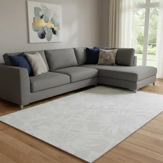 Ivory And Cream Floral Washable Area Rug With UV Protection Photo 1