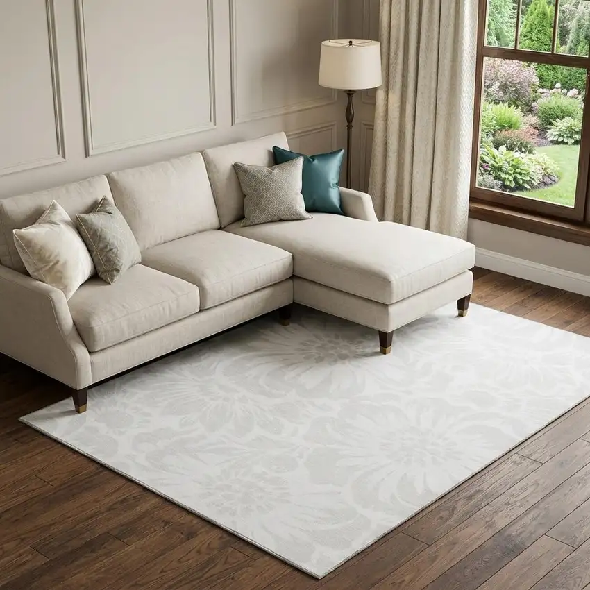Ivory And Cream Floral Washable Area Rug With UV Protection Photo 1