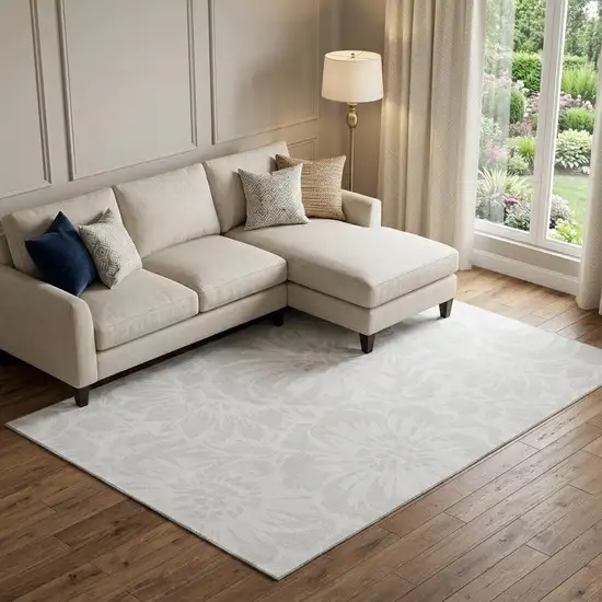 Ivory And Cream Floral Washable Area Rug With UV Protection Photo 1