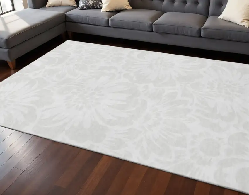 Ivory And Cream Floral Washable Area Rug With UV Protection Photo 2