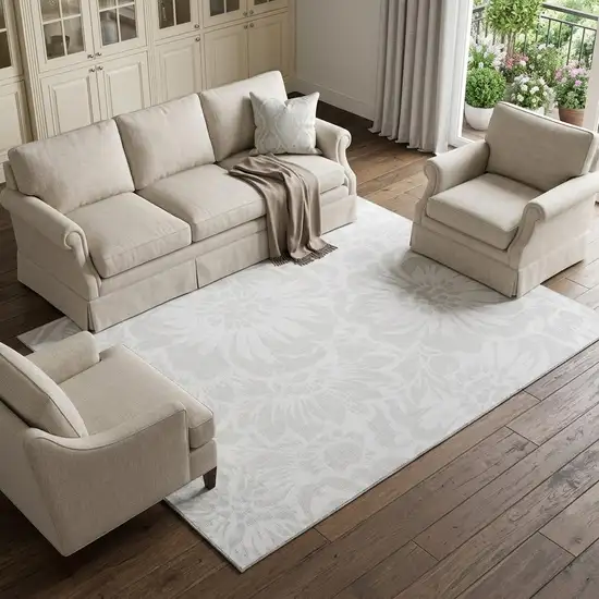 Ivory And Cream Floral Washable Area Rug With UV Protection Photo 1