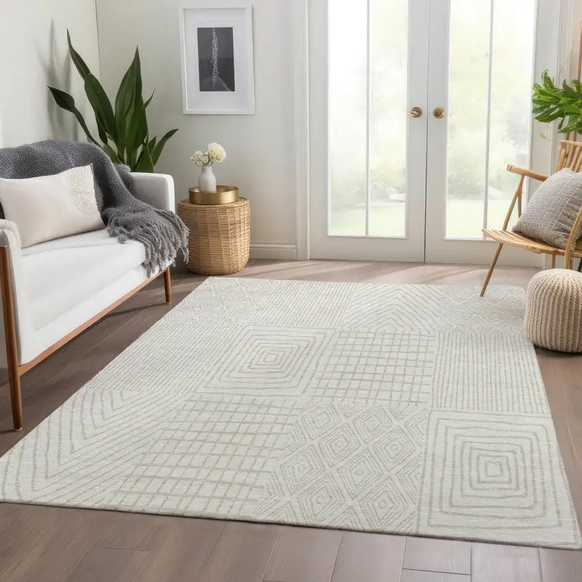 Ivory And Cream Geometric Washable Area Rug With UV Protection Photo 1