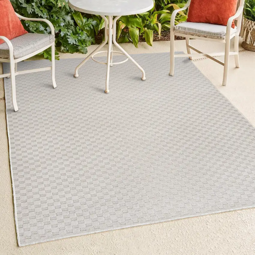 Ivory And Cream Plaid Indoor Outdoor Area Rug Photo 9