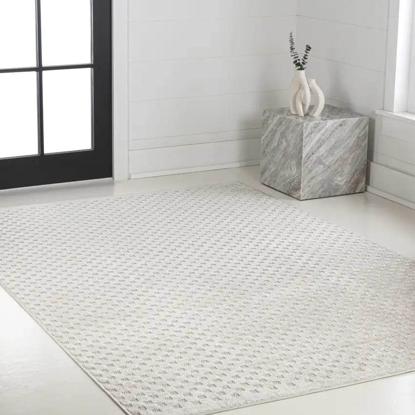 Ivory And Cream Plaid Indoor Outdoor Area Rug Photo 8
