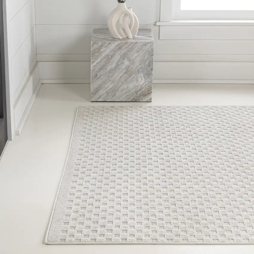 Ivory And Cream Plaid Indoor Outdoor Area Rug Photo 6