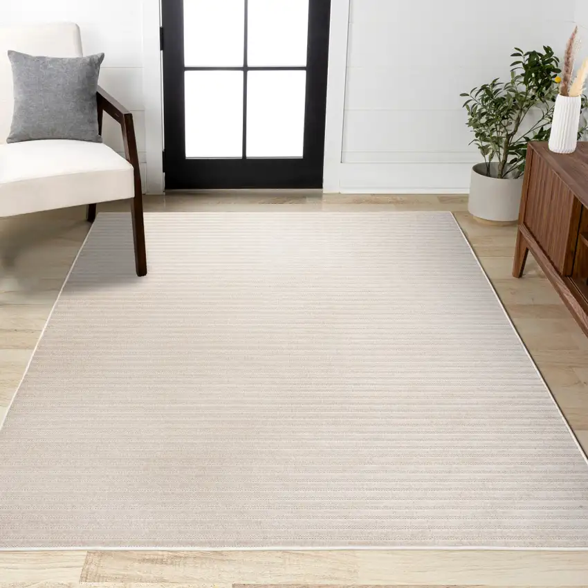 Ivory And Cream Striped Indoor Outdoor Area Rug Photo 8