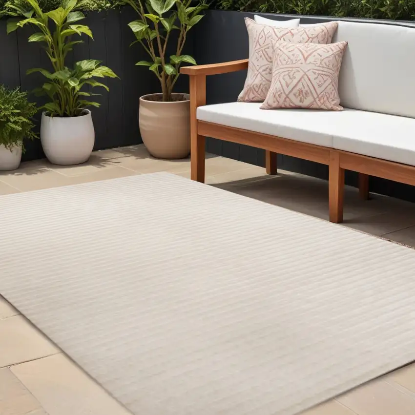 Ivory And Cream Striped Indoor Outdoor Area Rug Photo 1