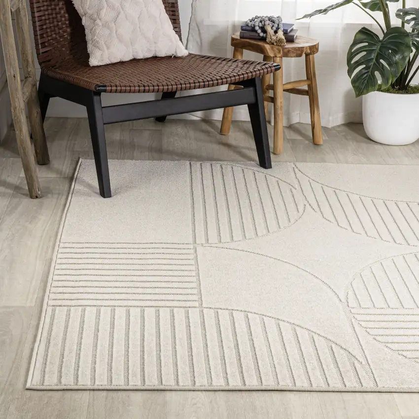 Ivory And Cream Striped Indoor Outdoor Area Rug Photo 7